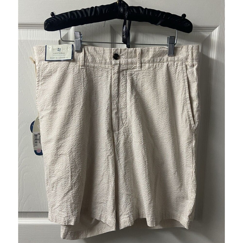 castaway nantucket Island shorts Men 35 Seersucker Tan White Pinstripe Golf NWT